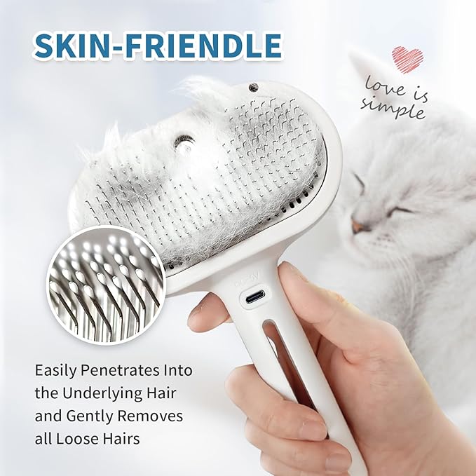 3 In 1 Self Cleaning Steamy Pet Brush - Anti-Static, Grooming Tool for Long and Short Hair Pets, Removes Loose Hair and Reduces Shedding, White-PawvioPets