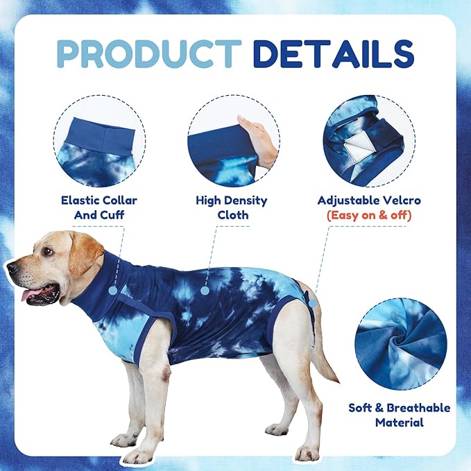 Breathable Dog Recovery Suit for Male/Female, Tie Dye Blue Dog Onesie for Abdominal Wounds, Cone E-Collar Alternative After Surgery to Anti-Licking, Professional Surgery Suit for Dogs-PawvioPets
