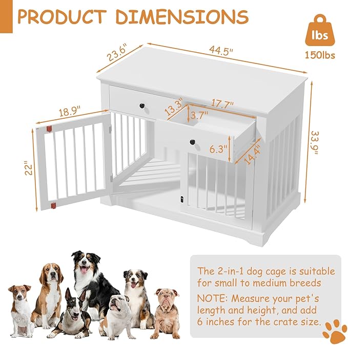 Dog Crate Furniture, 44 Inch Wooden Dog Kennel Indoor with 2 Storage Drawers, Heavy Duty Large Crate Furniture, Decorative End Table Cage Furniture for Small/Medium/Large (White)-PawvioPets
