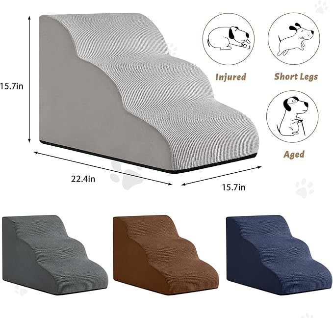 3-Step Dog Ramp and Stairs for Sofa and Chair - Non-Slip Sturdy Pet Steps for Small Dogs and Cats,15.7" H,Light Grey-PawvioPets