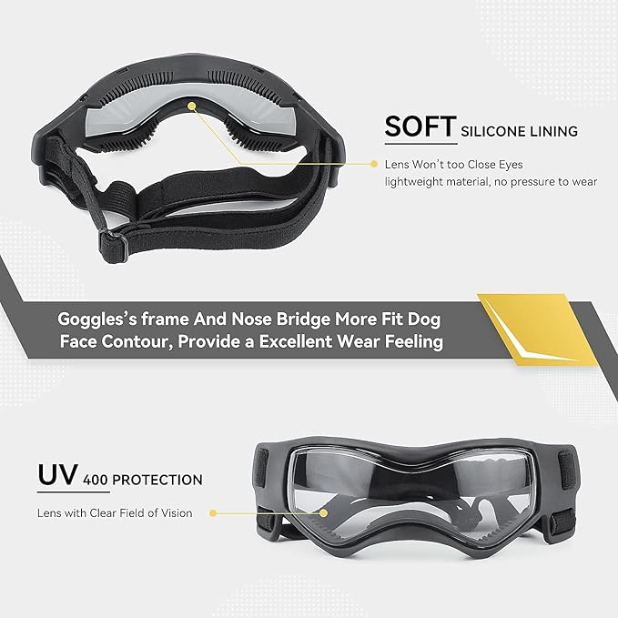 Dog Goggles Dog Sunglasses for Small Breed UV Protection Windproof with Adjustable Head Straps Chin Straps for Ride Car/Hiking Travel/On Beach-Black-PawvioPets