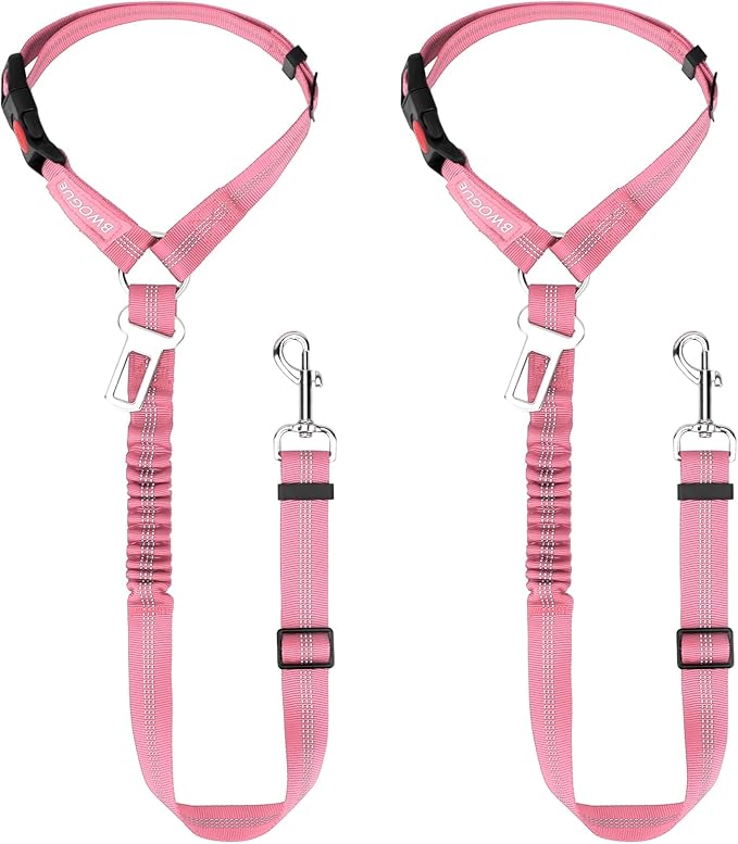 BWOGUE 2 Piece Dog Seat Belt for Car with Elastic Bungee Buffer Safety Seatbelt Car Headrest Restraint Wear Adjustable Metal Buckle Harness in Vehicle Travel for Pet-PawvioPets