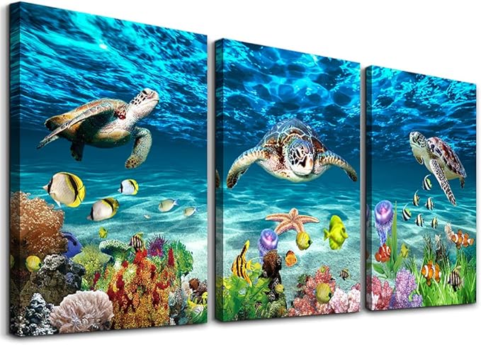 AHUASJART Canvas Wall Art for Living Room family Wall decor for Bedroom Bathroom Wall Decoration blue Ocean Sea Turtle Paintings Modern shark Pictures Artwork office Ready to Hang 12" x 16" 3 Piece-PawvioPets