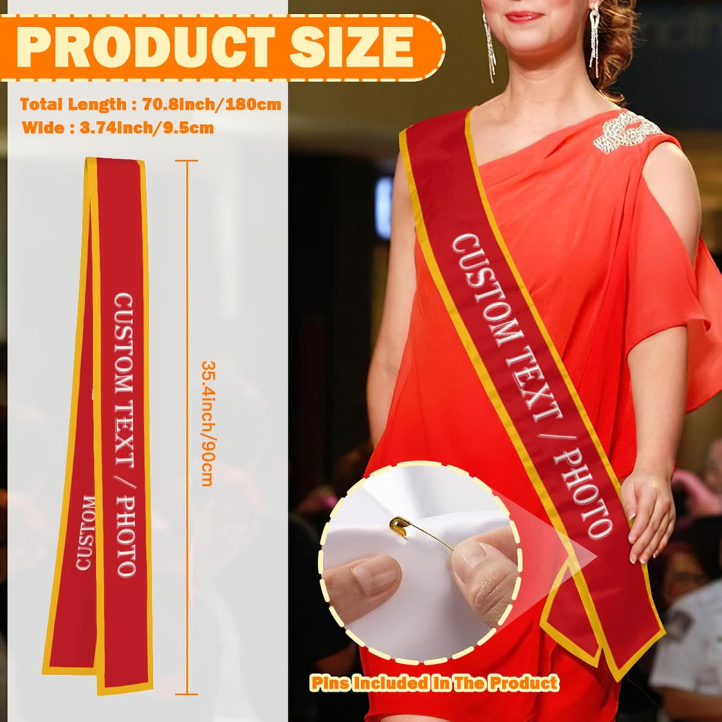 Custom Sash,Personalized Birthday Sash with Text Photo,Customized Bachelorette Sash Quote Sash Bride to Be Sash Color Optional (With decorative edge, Red)