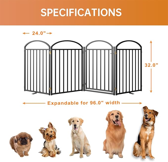 4 Panles Full Matel Freestanding Dog Gates with Door, 96"Extra Wide 32"Tall Free Standing Dog Pet Gate for Indoor & Outdoor. Foldable Pet Fences for Doorways, House, Stairs, Porch, Deck, Yard-PawvioPets