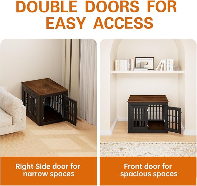 32" Heavy Duty Dog Crate Furniture for Small,Medium and Large Dogs,Rustic Wooden Dog Cage Kennel Indoor Furniture with Waterproof Top,Decorative Pet House Side End Table (Black & Wood)-PawvioPets