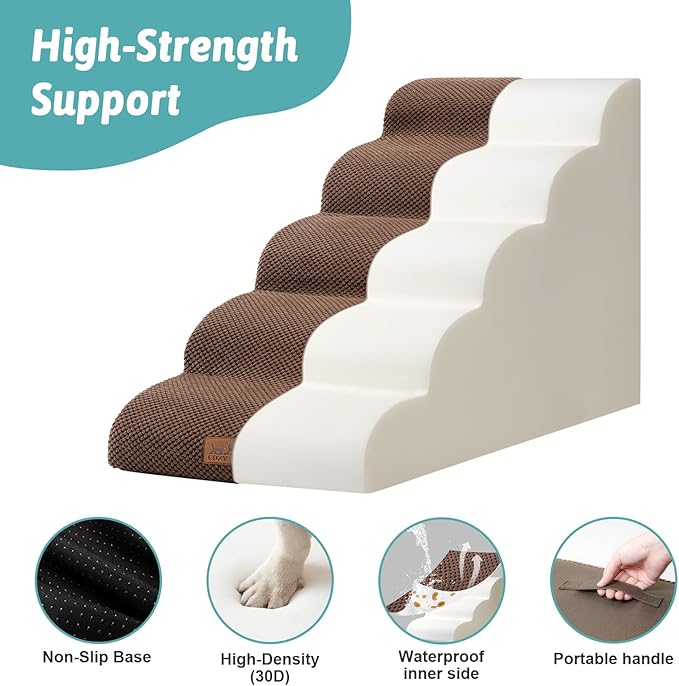 Extra Wide Dog Stairs 19.7" Width, Large Pet Step for Small Medium Dog, Puppy or Cat, Ramp for High Bed or Car, High Density Foam Ladder, Stable, 5 Step, 19.7x33x22.4 inch, Brown-PawvioPets