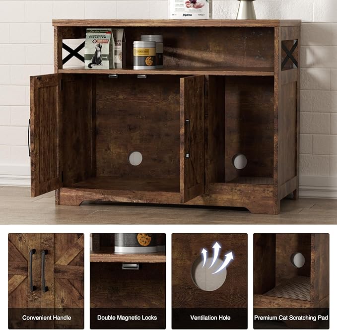 Cat Litter Box Enclosure, Hidden Litter Box Furniture with Scratch Pad, Farmhouse Indoor Cat House Washroom End Table, Rustic Brown-PawvioPets