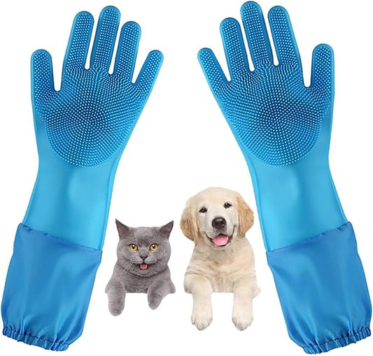 Dog Washing Gloves, Pet Grooming Gloves with Soft Brushes, Bathing and Massaging for Dogs and Cats, Silicone Heat Resistant Cleaning Gloves with High-Density Teeth (Blue)-PawvioPets