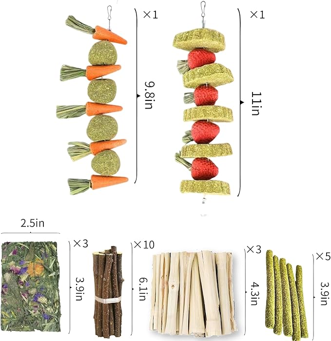 31 Pcs Small Pet Chew Toys for Dental Health - Natural Apple Wood, Timothy Grass Sticks & Sweet Bamboo, Teeth Grinding Toys for Rabbits, Guinea Pigs, Hamsters, Chinchillas Cage Accessories-PawvioPets