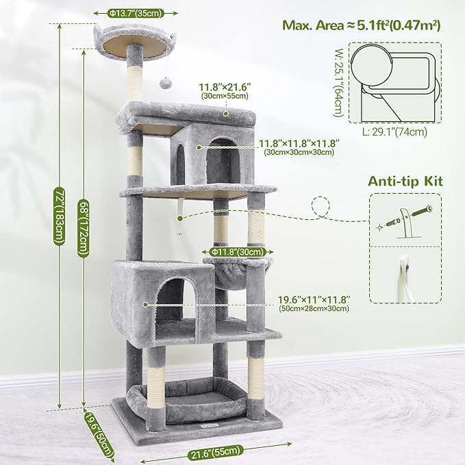 Globlazer Heavy Duty Cat Trees for Large Cats, Sturdy 72in Maine Coon Cat Tree for Large Cats 20 lbs+ Heavy Duty Cat Tower for Adult Biggest Cat with 6 Scratching Posts, Hammock, S72, Light Grey-PawvioPets