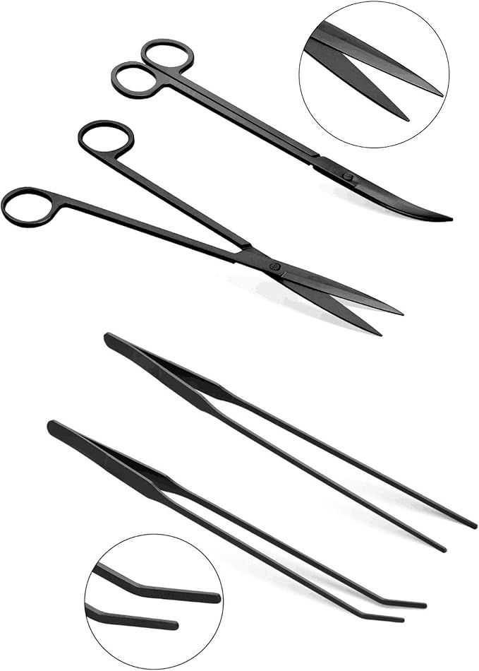 Aquascaping Tools 7 in 1 Kit Aquarium Plant Scissors Tools Set Curved & Waved Scissor Tweezers Spatula Stainless Steel Anti Rust Tools for Aquascape Black-PawvioPets