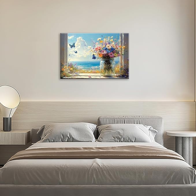 Beach Floral Bathroom Pictures Wall Art, Colorful Flower Bathroom Wall Decor, Coastal Ocean Framed Painting Canvas Artwork for Bedroom Living Room Decorations 24"L x 16"W-PawvioPets