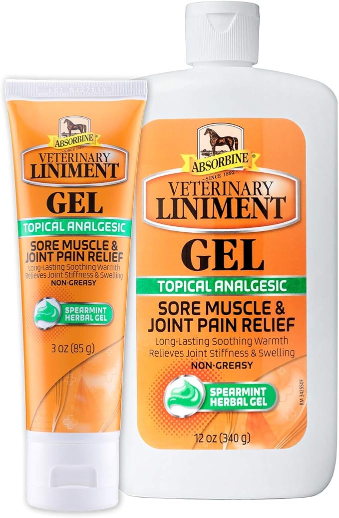 Absorbine Veterinary Liniment Gel, Topical Menthol Analgesic Rub for Sore Muscle, Joint & Arthritis Pain Relief, Combo Pack Includes 12oz Value Size + 3oz Travel Size-PawvioPets
