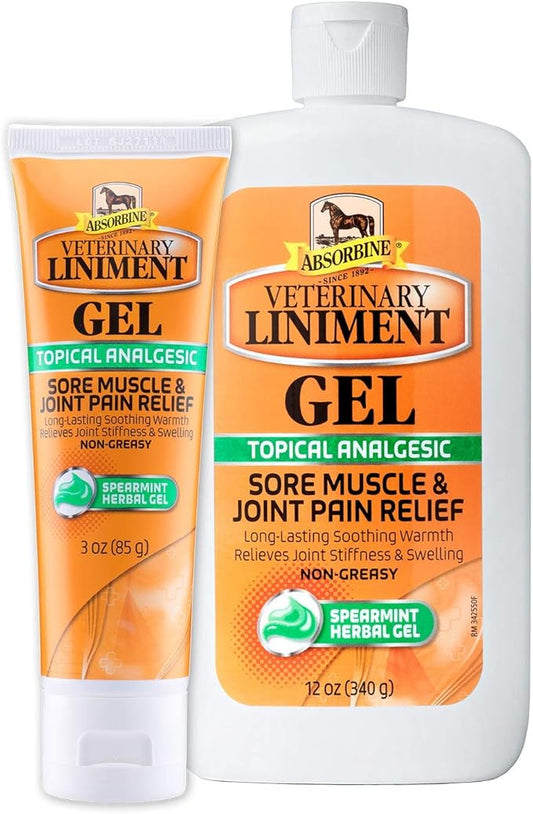 Absorbine Veterinary Liniment Gel, Topical Menthol Analgesic Rub for Sore Muscle, Joint & Arthritis Pain Relief, Combo Pack Includes 12oz Value Size + 3oz Travel Size-PawvioPets