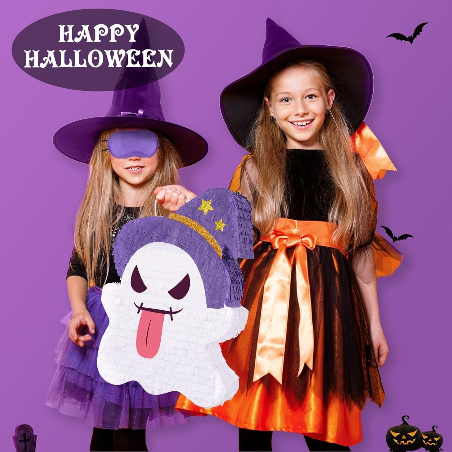 WERNNSAI Halloween Ghost Pinata - Halloween Ghost Party Games Decorations for Kids Baby Hallo-ween Costumes Party Supply Haunted House Ghost Decorations with Bat Blindfold