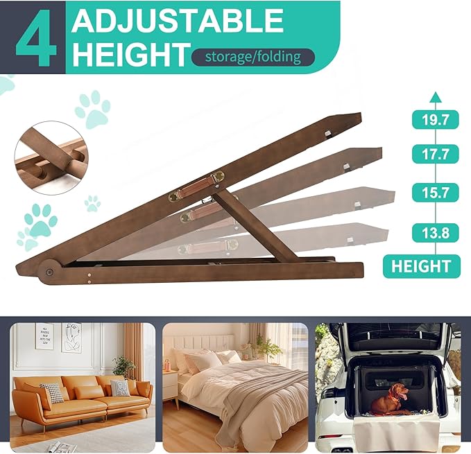 Dog Ramp, Adjustable Height Wooden Folding Pet Ramp for Bed, Couch,SUV-High Traction, Portable Paw Ramps for Small & Large Old Dogs & Cats - Furniture Quality-PawvioPets