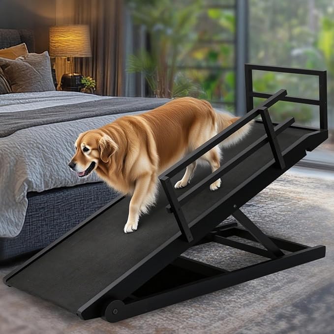 Dog Ramp for Bed, 5 Level Adjustable Dog Ramp for High Beds, Upgrade Rubber Mat High Traction Ramp with Safety Rails, Folding Pet Ramp for Bed, Couch,SUV, Natural Wood Pet Ramp for Small & Old Dogs-PawvioPets