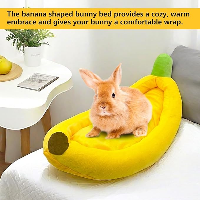 Bunny Bed,Rabbit Bed,Thick&Soft with Removable Mat,Machine Washable Guinea Pig Cushion,Cozy Bunny Plush House,Warm Small Animal Sleeping Beds(Yellow Banana Shape-M)-PawvioPets
