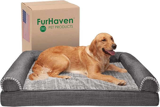 Furhaven Cooling Gel Dog Bed for Large Dogs w/ Removable Bolsters & Washable Cover, For Dogs Up to 95 lbs - Luxe Faux Fur & Performance Linen Sofa - Charcoal, Jumbo/XL-PawvioPets