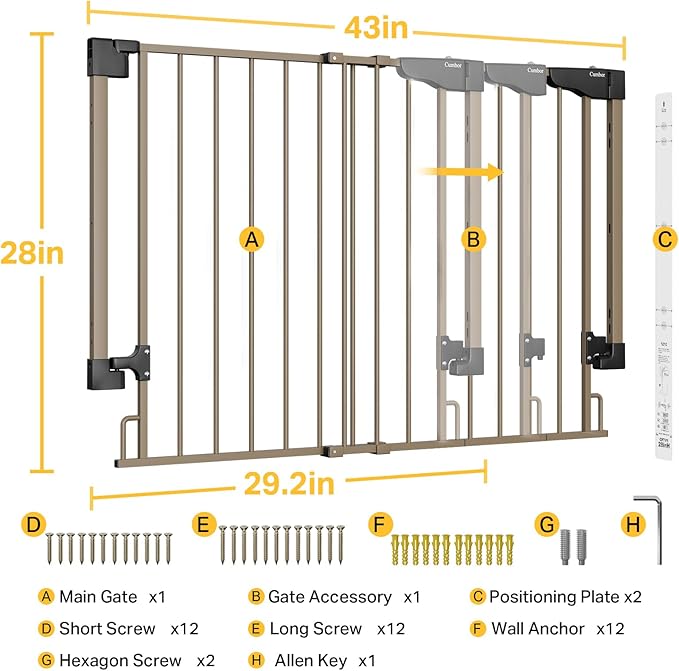 Cumbor 29.2-43" No Bottom Bar Baby Gate for Stairs, 2-in-1 Hardware Mounted Dog Gate Indoor, Pet Gate for Doorways with Large Walk Thru Door, Child-Proof Safety Gate for Top & Bottom of Stairs (Brown)-PawvioPets
