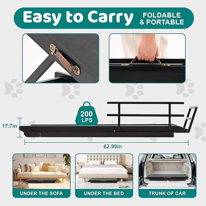 Dog Ramp for Bed, Adjustable Pet Ramps for Dog to Get on Bed, Non-Slip Rubber Surface - Folding Wooden Dog Ramp for Small/Large/Old Dogs, Adjustable up to 31 inch High Beds, Safety Railings-PawvioPets