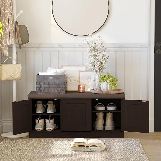 DINZI LVJ Shoe Bench, Entryway Storage Bench with Doors, Cushion, 2-Tier Shoe Rack with 6-Cubby, 39.4”L x 13.8”W Shoe Organizer Cabinet, Adjustable Shelf, Living Room, Bedroom, Espresso-PawvioPets