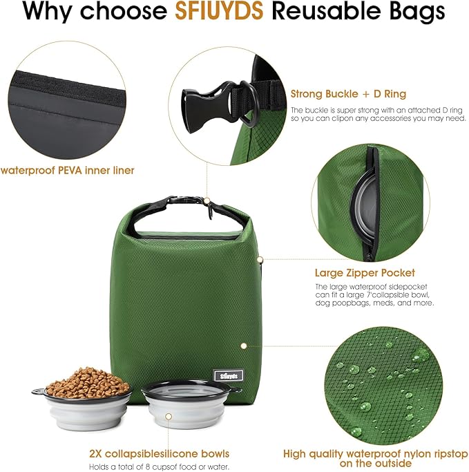 Dog Food Travel Bag,Pet Food Container 20 lb w/2PCS Collapsible Dog Travel Bowls and Zipper Side Pocket(Green, Large)-PawvioPets