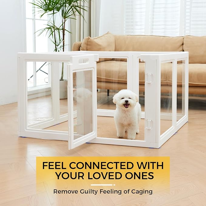 Clear Acrylic Plastic Dog Playpen - Clear Dog Play Pen - Easy Assemble Acrylic Dog Playpen - Puppy Playpen, Cat Playpen, Small Animal Playpen, Dog Play Pen Indoors (White, 23.6“ H, 8PCS)-PawvioPets