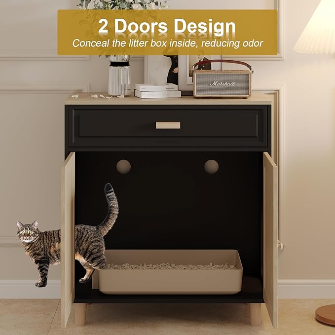 Cat Litter Box Enclosure Furniture Hidden Indoor 2-in-1 Wooden Cat House & Washroom Cabinet with Scratching Board Doors and Drawer, 31.5"x15.7"x34.6"H - Black-PawvioPets