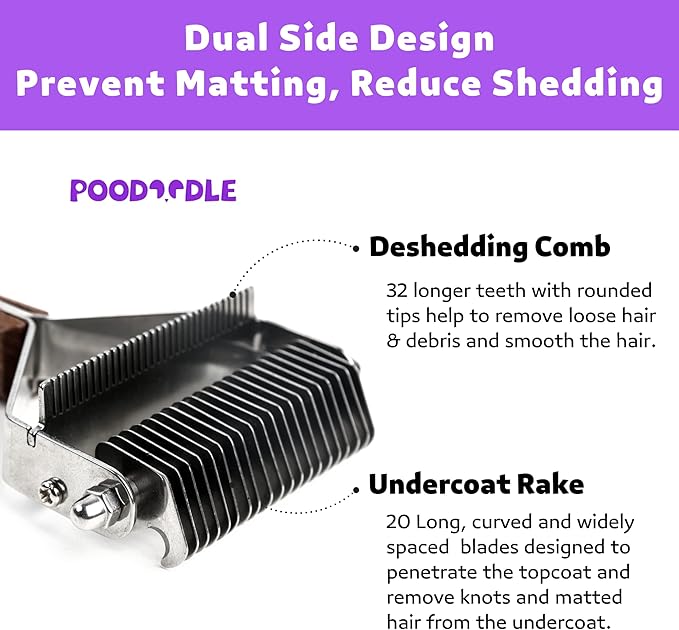 2 in 1 Dogs Cats Dematting Grooming Comb, Perfect Deshedding Undercoat Rake for Poodle & Goldendoodle, Efficiently Detangling Shedding Loose Hair & Matted Fur, All Long Haired Pet (Dark)-PawvioPets