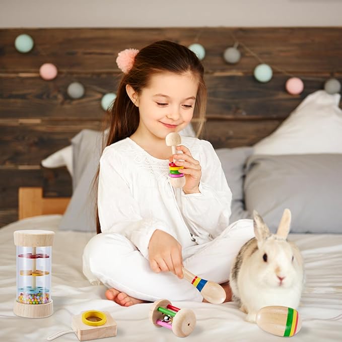 6 Pcs Wooden Bunny Toys - Safe Rabbit & Guinea Pigs Teeth Grinding Toys for Chinchillas, Hamsters & Small Animals - Indoor & Outdoor-PawvioPets