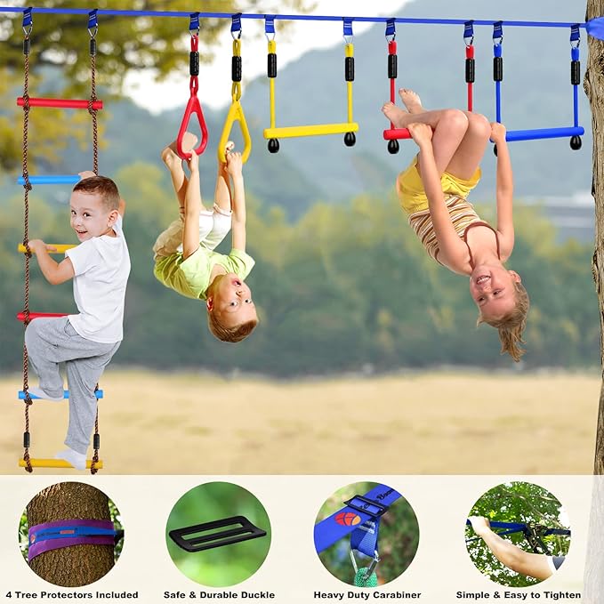 2x65 FT Ninja Warrior Obstacle Course for Kids with 13 Ninja Accessories - 600lbs Weight Capacity, Slackline with Swing Seat, Disc Swing, Ninja Wheel, Rope Ladder, Monkey Bar, Ninja Ring, Arm Trainer-PawvioPets