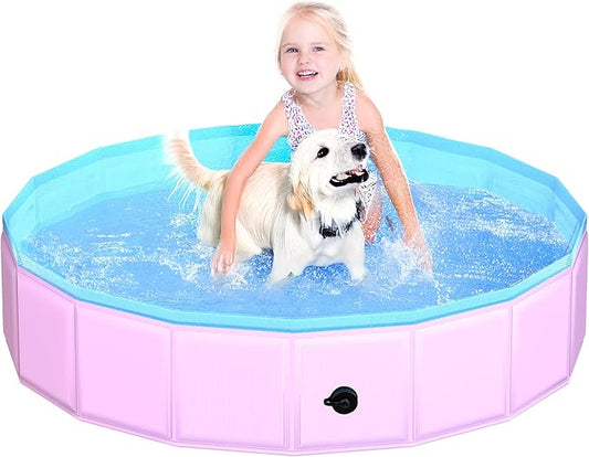 2025 Updated Foldable Dog Pool, 47" x 12" Kiddie Pool with Hard Plastic, Non-Slip Dog Bath Tub for Outdoor Backyard, Collapsible Dog Swimming Pool for Kids Dogs Pets (Pink)-PawvioPets