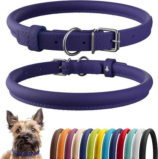 CollarDirect Rolled Leather Dog Collar, Soft Padded Round Puppy Collar, Handmade Genuine Leather Collar Dog Small Large Cat Collars 13 Colors (6 Inch, Purple Smooth)-PawvioPets