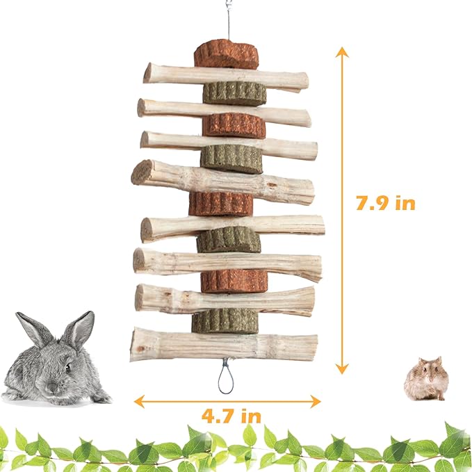 4 PCS Rabbit Chew Toys for Teeth Grinding, Delicious Bunny Cage Hanging Chew Toys, Natural Sweet Bamboo Chew Sticks and Timothy Grass Cake Hay Treats Maintaining Healthy Teeth for Rabbits-PawvioPets