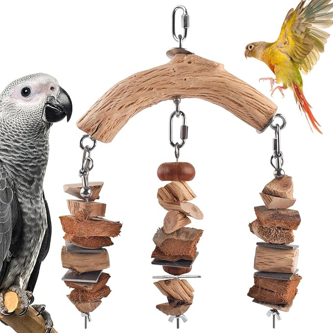 Bird Parrot Toys, Large Birds Wooden Chew Blocks with Stainless Steel Cage Hanging Bite Toy for Macaws, African Greys, Cokatoos, Amazon Parrots and Small Medium Parakeets-PawvioPets