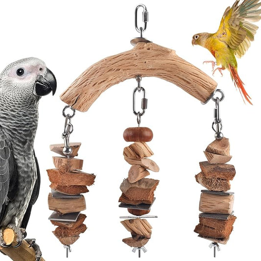 Bird Parrot Toys, Large Birds Wooden Chew Blocks with Stainless Steel Cage Hanging Bite Toy for Macaws, African Greys, Cokatoos, Amazon Parrots and Small Medium Parakeets-PawvioPets