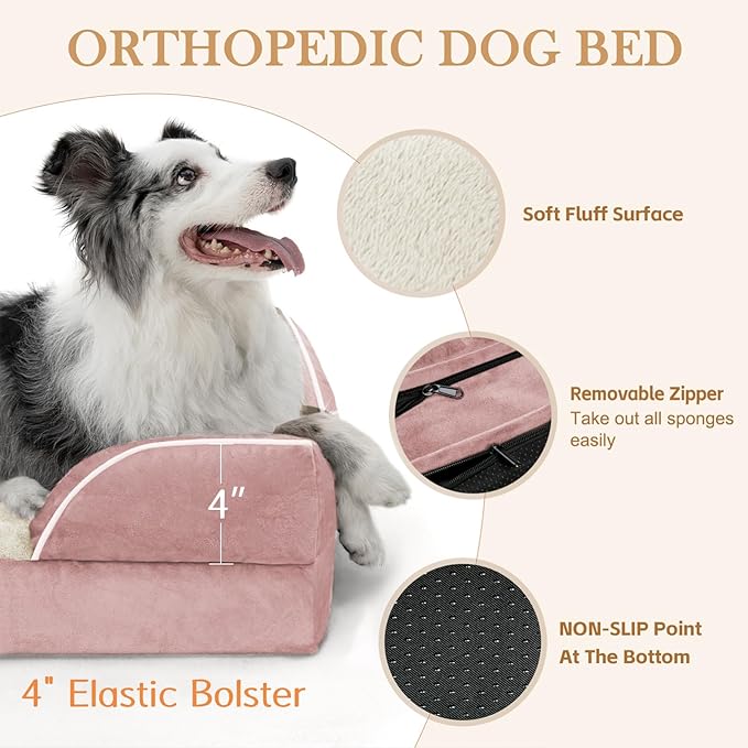 Comfort Expression Large Dog Beds Waterproof Orthopedic Foam Dog Sofa Beds Comfy Pet Bed with Washable Removable Cover & Non-Slip Bottom(Large,Pink)-PawvioPets