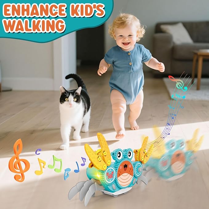 Alritz Crawling Crab Baby Toy, Developmental Tummy Time Toys for Crawling, Walking Crab Toy DIY Gear-building, with Sensory Light-Up, Dancing Crab Toys for Infant Boys Girls 3-6 6-12 36 Months Age 3 +-PawvioPets