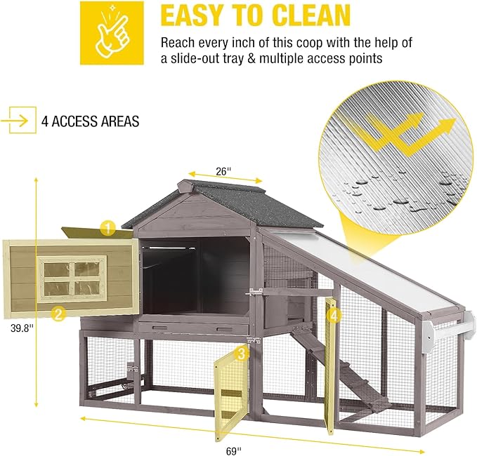 Aivituvin Chicken Coop Outdoor with Wheels, Mobile Hen House Wooden Poultry Cage with Run & Waterproof Roof (Grey with White)-PawvioPets