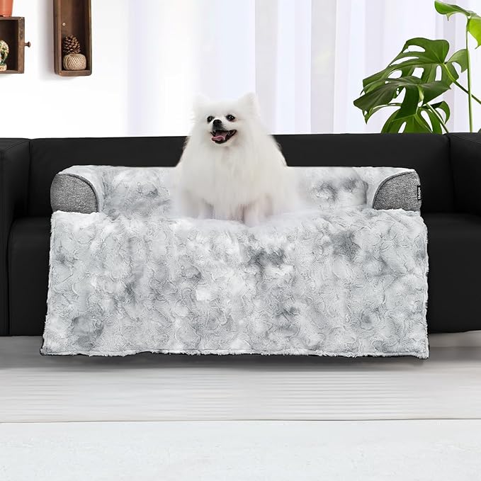 Calming Dog Couch Bed for Medium Dogs/Cats, 35 x 31 inch Waterproof Removable Pet Mat Couch Cover for Furniture Protector, Non-Slip Fluffy Pelsbarn Dog Bed for Couch, Sofa - Tie-Dye Grey-PawvioPets