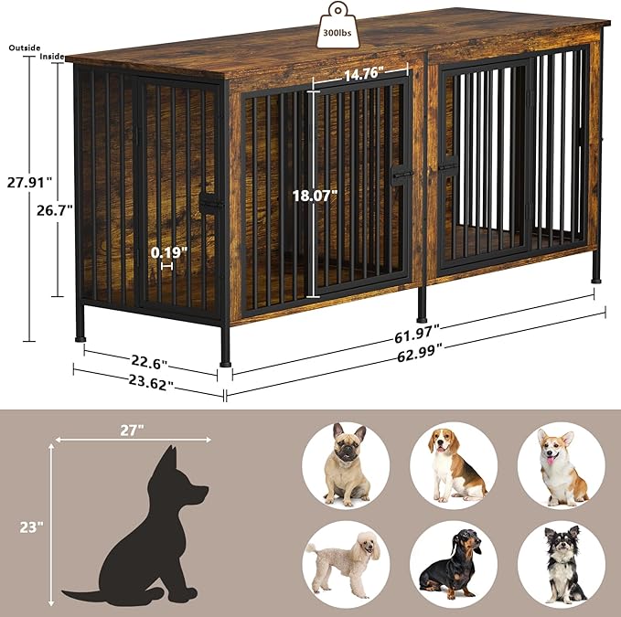 EasyCom 63" Dog Cage Furniture for 2 Pets with Divider, XL Wooden Double Dog Crate Furniture TV Stand for Mideum Breed, Durable and Sturdy-PawvioPets