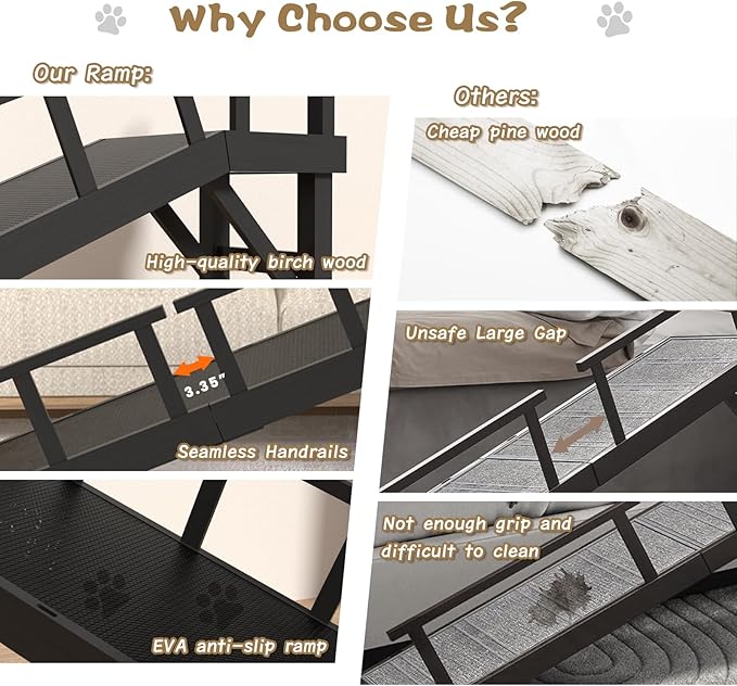 73" Dog Ramp for Bed, Pet Ramp with Removable Side Rail and Non-Slip Surface, Pet Ramp for Small & Large & Senior Dogs with Rest Platform and DIY Glow Strips,Dog Stairs for Couch, Black-PawvioPets