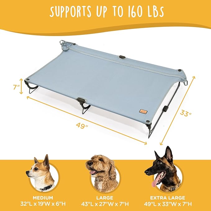 Daisy Cot, XL Foldable Elevated Dog Bed, Portable Raised Outdoor Folding Dog Cots, Cooling, Chew Proof, Waterproof, Heavy Duty Up to 160 lbs for Camping/Home, Grey, 49"x 33"x7"-PawvioPets