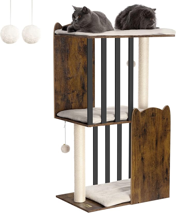 FourFurPets 43.8in 3-Tier Modern Cat Tree Tower Condo, Cat Scratch Posts for Indoor Cats, Big Plate, Two 19.7in Full Sisal Scratching Posts, Rustic Brown-PawvioPets