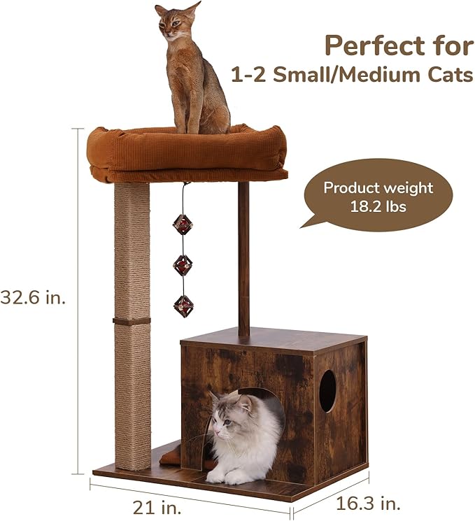 FUKUMARU Cat Scratching Post, Modern Style Cat Tree with Unique Square Post, Wooden Cat Tower with silvervine Balls, Retro Cat Condo Scratcher for Indoor Cats（Solid Wood）-PawvioPets
