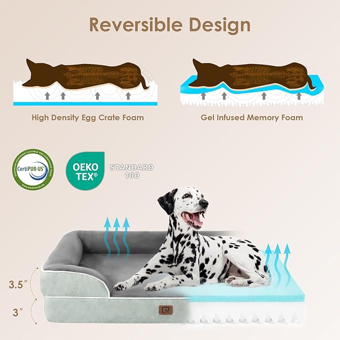 EHEYCIGA Orthopedic Dog Beds for Large Dogs, Waterproof Memory Foam Large Pet Bed with Sides, Non-Slip Bottom and Egg-Crate Foam Dog Couch Bed with Washable Removable Cover, Greyish Green-PawvioPets