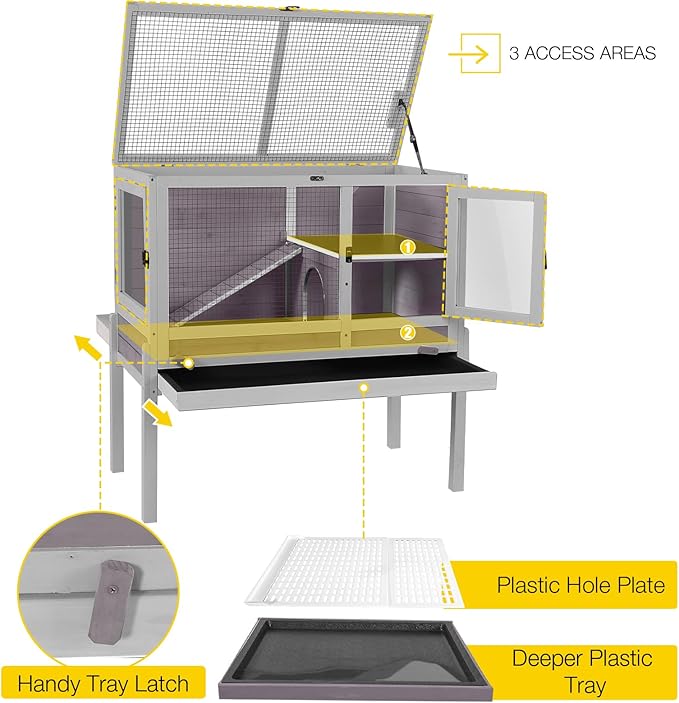 Aivituvin Wooden Guinea Pig Cages Indoor with Removable Stand, Anti Chewing Rabbit Hutch with Ramp and Wire Mesh, 2 Story Small Animals House Habitat with Pull Out Tray (Gray&Purple)-PawvioPets
