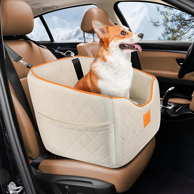Dog Car Seat for Small Dogs, Memory Foam Booster Dog Seat for Dogs up to 35 lbs, Elevated Pet Car Seat, Travel Safety Pet Seat with Washable Removable Cover, Storage Pockets (Beige)-PawvioPets